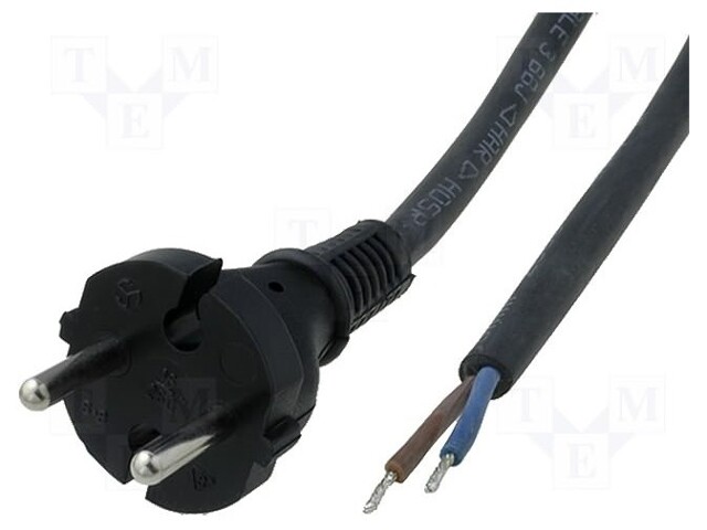 Cable; CEE 7/17 (C) plug,wires; 5m; black; rubber; 2x1mm2; 10A
