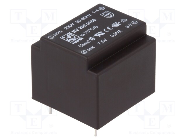 Transformer: encapsulated; 0.5VA; 230VAC; 7.5V; 67mA; Mounting: PCB