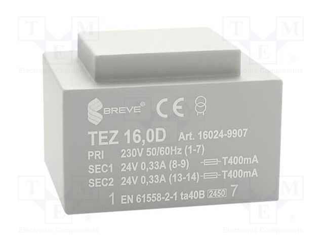 Transformer: encapsulated; 16VA; 230VAC; 24V; 24V; 333.3mA; 333.3mA