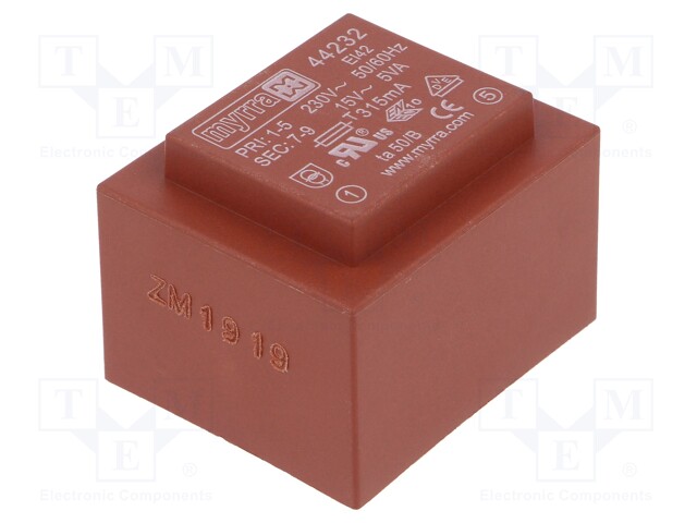 Transformer: encapsulated; 5VA; 230VAC; 15V; 333mA; Mounting: PCB