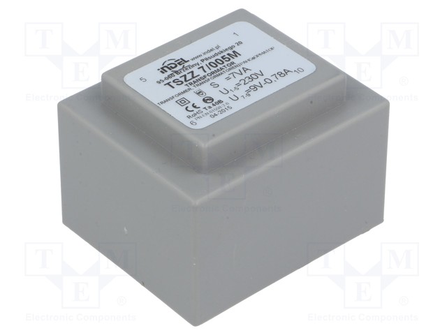 Transformer: encapsulated; 7VA; 230VAC; 9V; 0.77A; Mounting: PCB