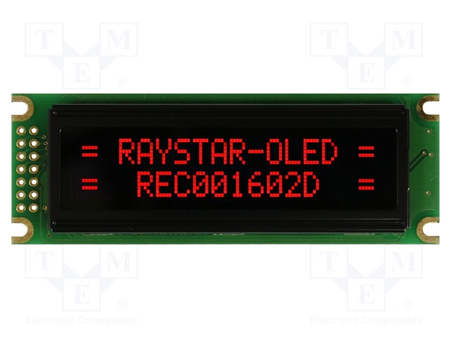 Display: OLED; alphanumeric; 16x2; Dim: 85x30x10mm; red; PIN: 14