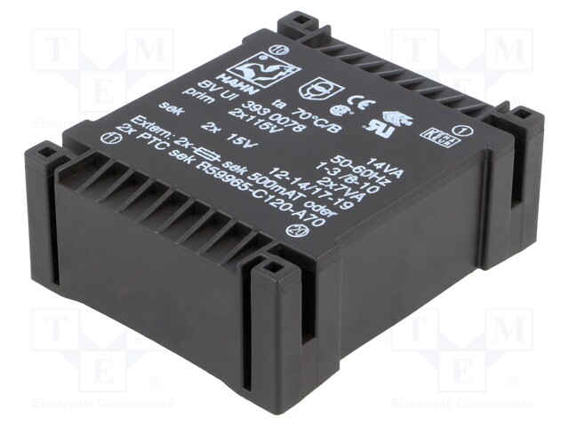 Transformer: encapsulated; 14VA; 115/115VAC; 15V; 15V; 467mA; 467mA