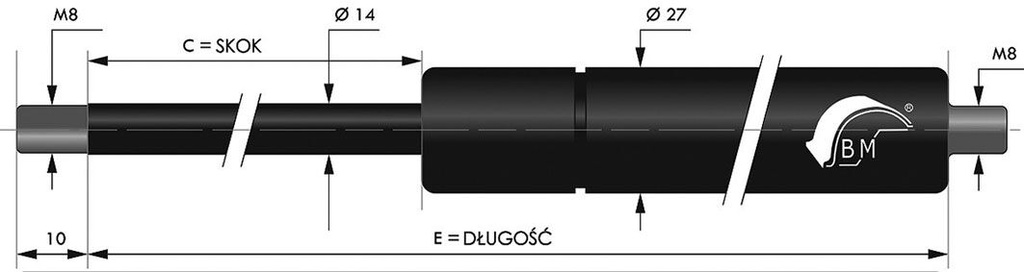 Gas spring; Thread: M8; E: 455mm; Øout: 27mm; Piston diam: 14mm