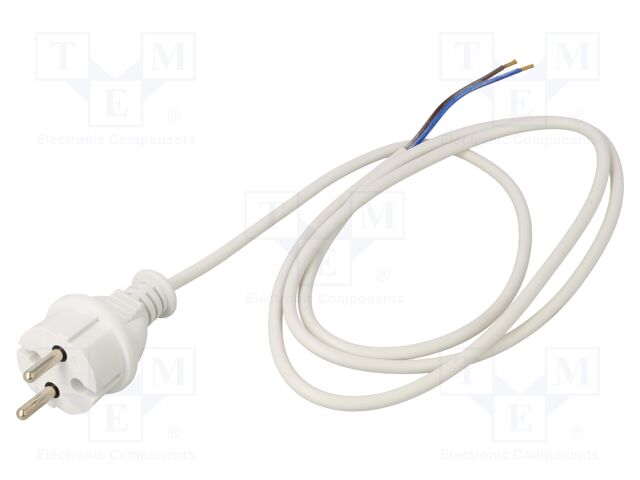Cable; CEE 7/17 (C) plug,wires; PVC; 1.5m; white; 2x1mm2; 16A; 250V