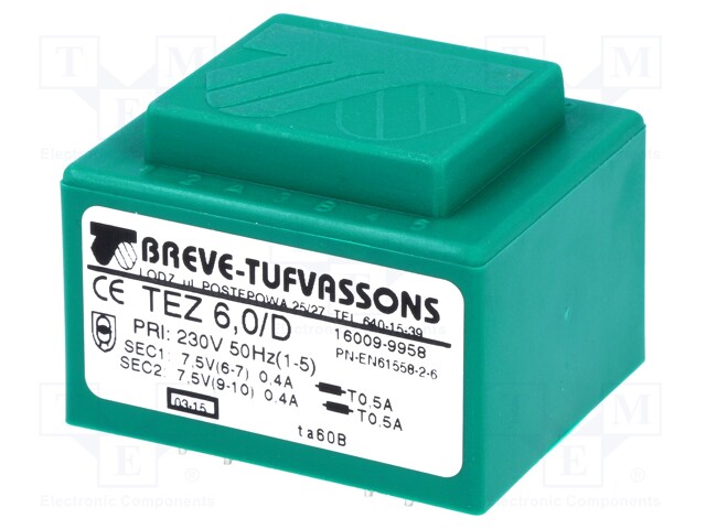 Transformer: encapsulated; 6VA; 230VAC; 7.5V; 7.5V; 400mA; 400mA