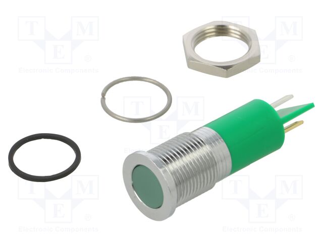 Indicator: LED; flat; green; Ø14mm; IP67; brass; ØLED: 10mm; Q14; 5mcd