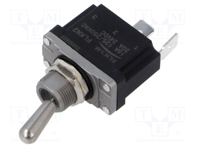 Switch: toggle; Pos: 2; SPST; OFF-(ON); 16A/250VAC; 20A/24VDC