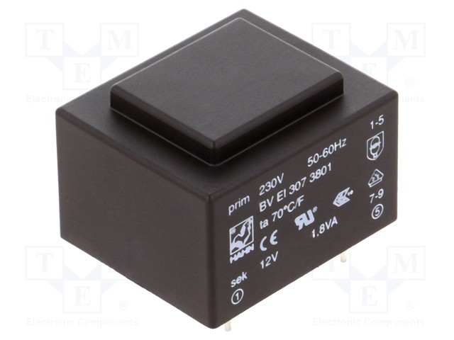Transformer: encapsulated; 1.8VA; 230VAC; 12V; 150mA; Mounting: PCB