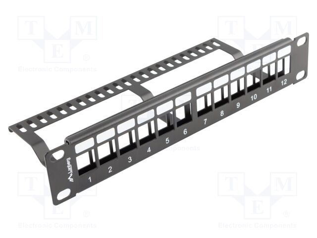 Patch panel; black; Number of ports: 12; rack 10"; RACK; Height: 1U