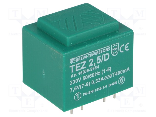 Transformer: encapsulated; 2.5VA; 230VAC; 7.5V; 333.3mA; IP00; 100g