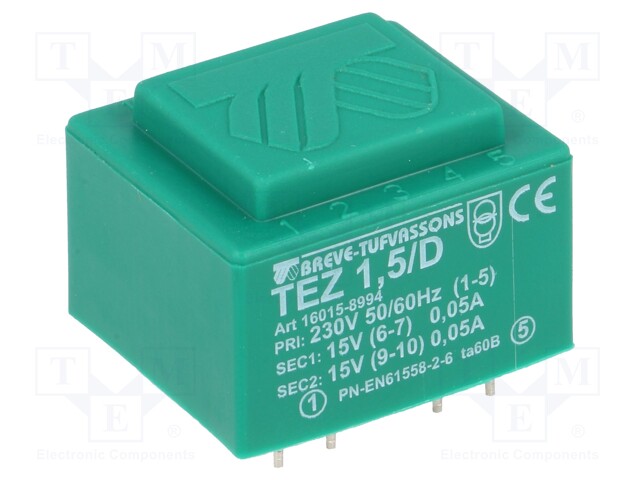 Transformer: encapsulated; 1.5VA; 230VAC; 15V; 15V; 5mA; 50mA; IP00