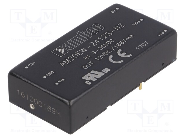 Converter: DC/DC; 20W; Uin: 9÷36V; 12VDC; Iout: 1667mA; 2"x1"; 26g