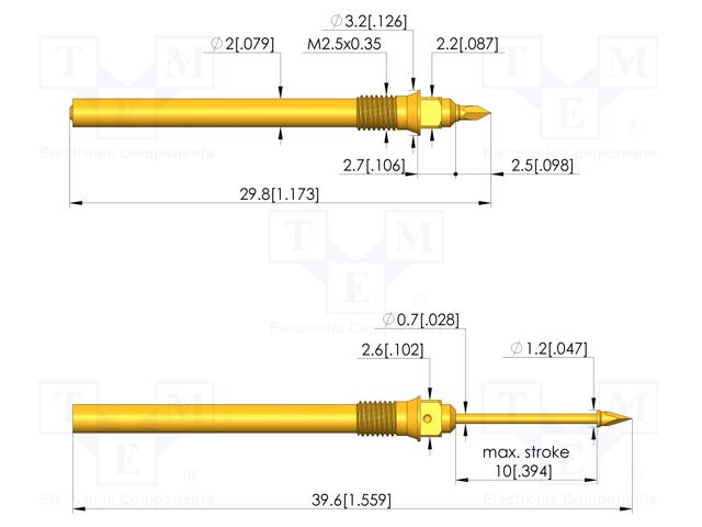 Test needle; Spring compression: 6mm; 10mm; 2A; steel; gold-plated