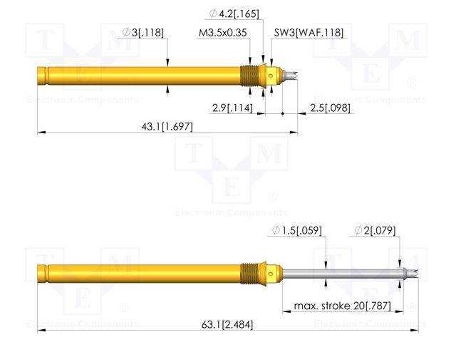 Test needle; Spring compression: 12mm; 20mm; 2A; steel; Ø: 1.3mm