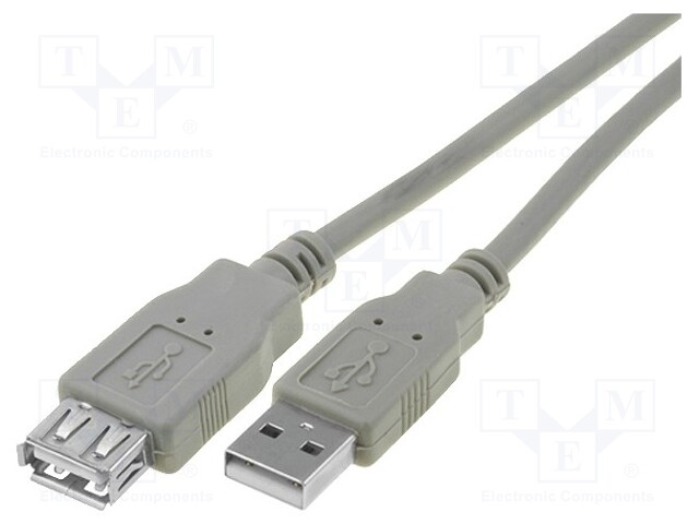 Cable; USB 2.0; USB A socket,USB A plug; nickel plated; 3m; grey