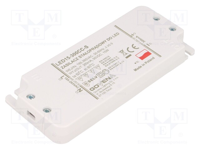 Power supply: switched-mode; LED; 15W; 10÷50VDC; 300mA; 185÷265VAC