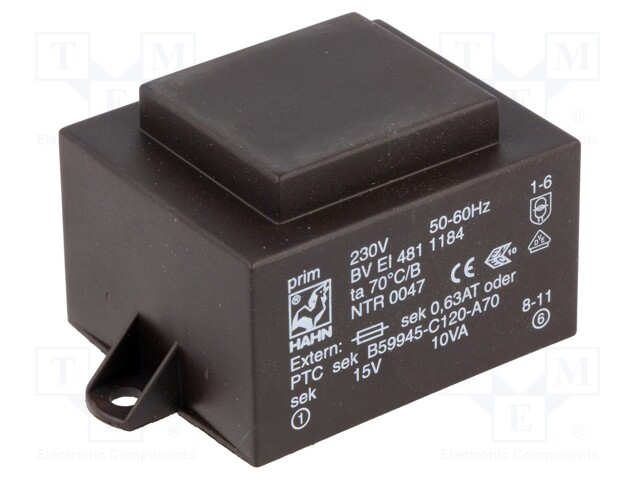 Transformer: encapsulated; 10VA; 230VAC; 15V; 667mA; Mounting: PCB