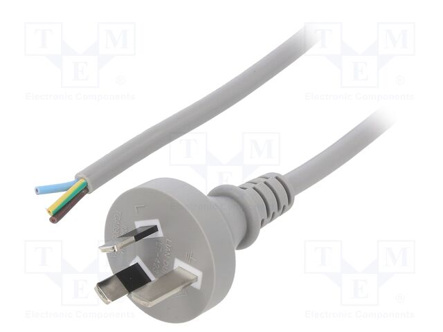 Cable; 3x0.75mm2; AS/NZS 3112 (I) plug,wires; PVC; 1m; grey; 10A