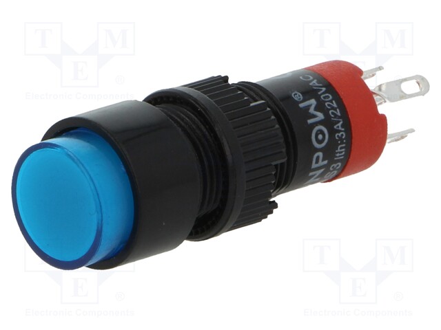 Switch: push-button; Pos: 2; SPDT; 0.5A/250VAC; 1A/24VDC; blue; blue