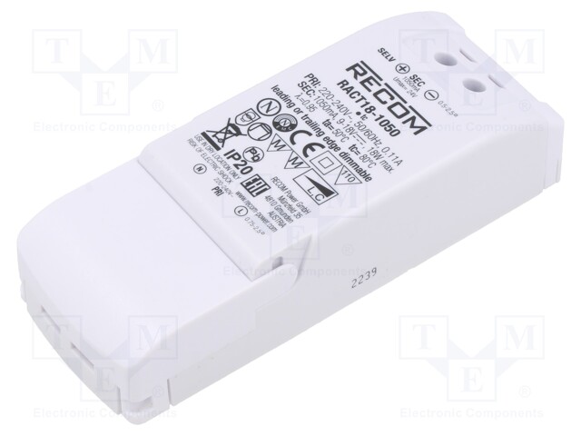 Power supply: switched-mode; LED; 18W; 9÷18VDC; 1050mA; 198÷264VAC