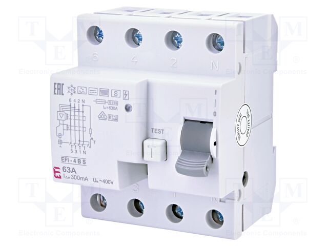 RCD breaker; Inom: 63A; Ires: 300mA; Poles: 4; 230V,400V; IP20; EFI
