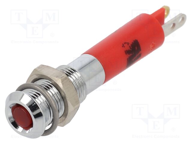 Indicator: LED; flat; red; 24VDC; Ø6mm; 2x0,8mm connectors; metal