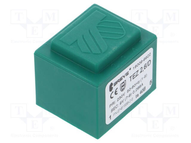 Transformer: encapsulated; 2.6VA; 230VAC; 9V; 289mA; Mounting: PCB