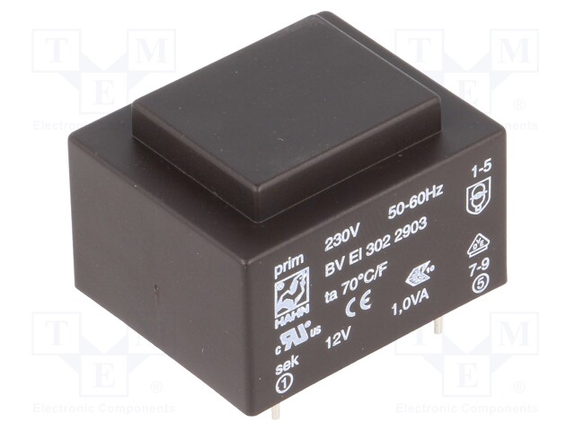 Transformer: encapsulated; 1VA; 230VAC; 12V; 83mA; Mounting: PCB