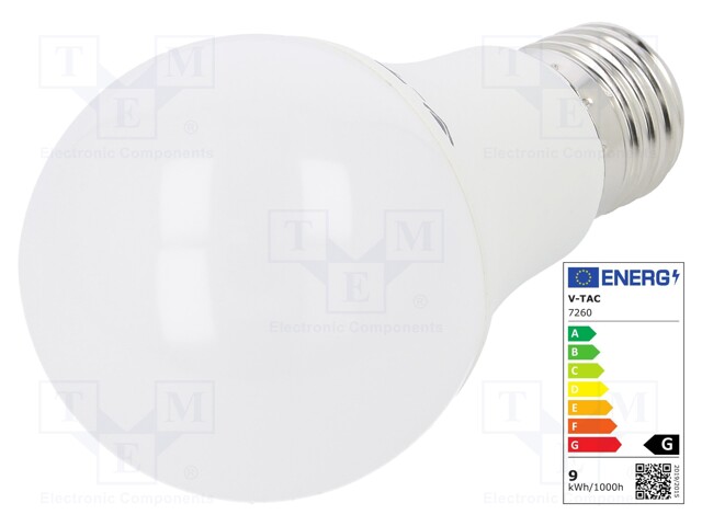 LED lamp; warm white; E27; 220/240VAC; 806lm; 9W; 200°; 2700(typ)K