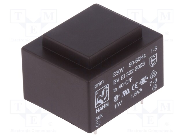 Transformer: encapsulated; 1.8VA; 230VAC; 15V; 120mA; Mounting: PCB