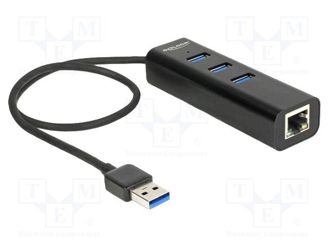 Hub USB; RJ45 socket,USB A socket x3,USB A plug; black; 5Gbps