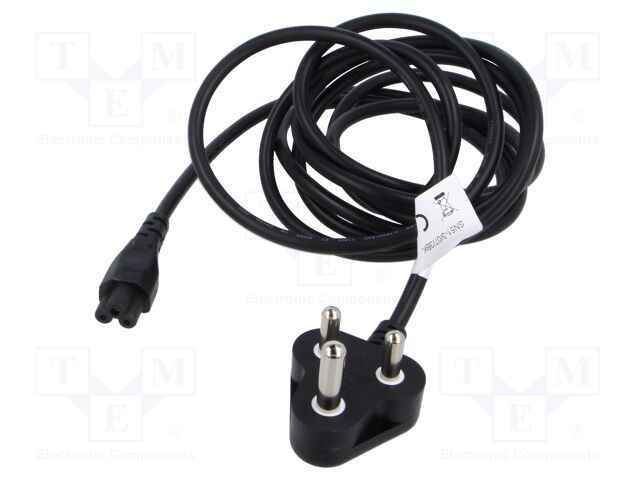 Cable; 3x0.75mm2; IEC C5 female,IS 1293 (M) plug; PVC; 3m; black