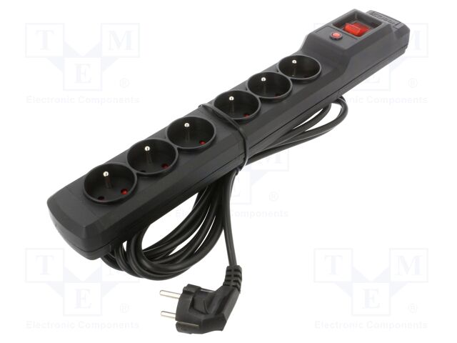 Plug socket strip: protective; Sockets: 6; 250VAC; 10A; black