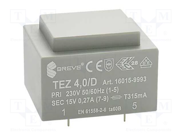 Transformer: encapsulated; 4VA; 230VAC; 15V; 266.6mA; Mounting: PCB