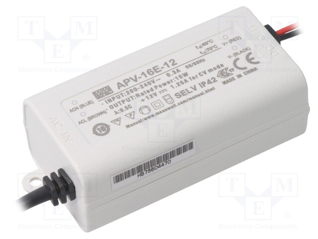 Power supply: switched-mode; LED; 15W; 12VDC; 1.25A; 180÷264VAC