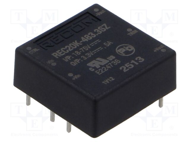 Converter: DC/DC; 20W; Uin: 18÷75V; Uout: 3.3VDC; Iout: 5A; 1"x1"