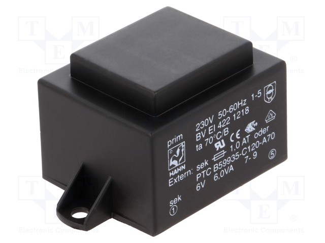 Transformer: encapsulated; 6VA; 230VAC; 6V; 1000mA; Mounting: PCB