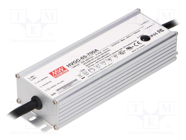 Power supply: switched-mode; LED; 65.1W; 9÷93VDC; 420÷700mA; IP65