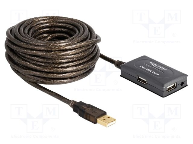 Cable; USB 2.0; DC socket,USB A socket x4,USB A plug; 10m; black