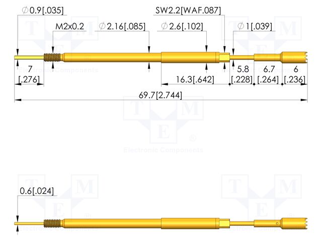 Test needle; Spring compression: 5mm; 5.5mm; 8A; steel; Ø: 2.7mm