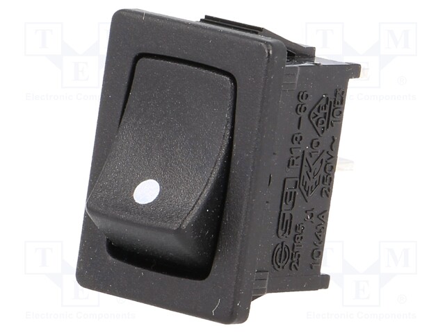 ROCKER; SPST; Pos: 2; OFF-(ON); 10A/250VAC; black; none; 50mΩ