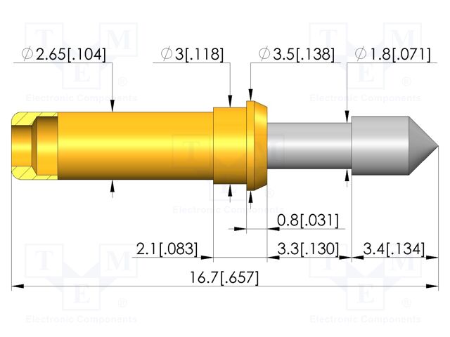 Test needle; Spring compression: 2.8mm; 3.3mm; 8A; CuBe; Ø: 2.3mm