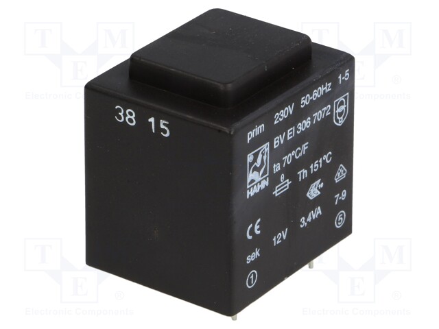 Transformer: encapsulated; 3.4VA; 230VAC; 12V; 283mA; Mounting: PCB