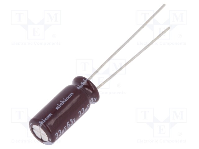 Capacitor: electrolytic; low impedance; THT; 33uF; 63VDC; ±20%