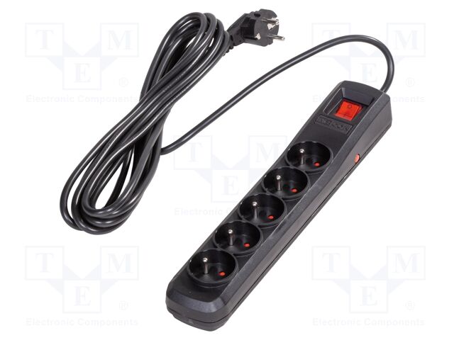 Plug socket strip: protective; Sockets: 5; 250VAC; 10A; black