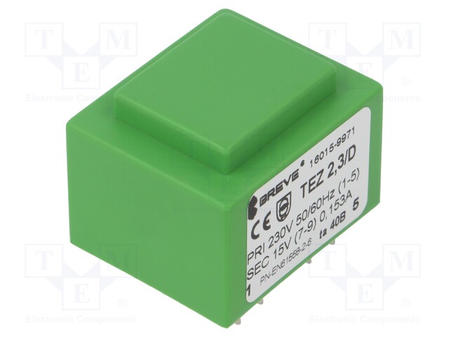 Transformer: encapsulated; 2.3VA; 230VAC; 15V; 153mA; Mounting: PCB