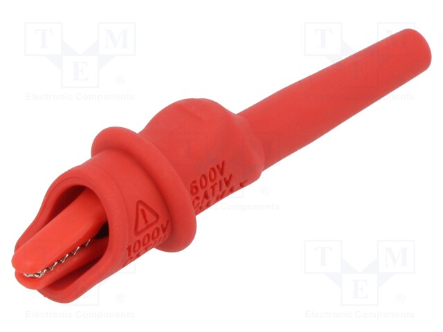 Crocodile clip; 10A; Grip capac: max.9mm; red; soldered; L: 74.5mm