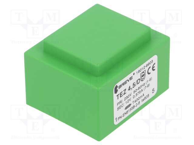 Transformer: encapsulated; 4.5VA; 230VAC; 12V; 375mA; Mounting: PCB