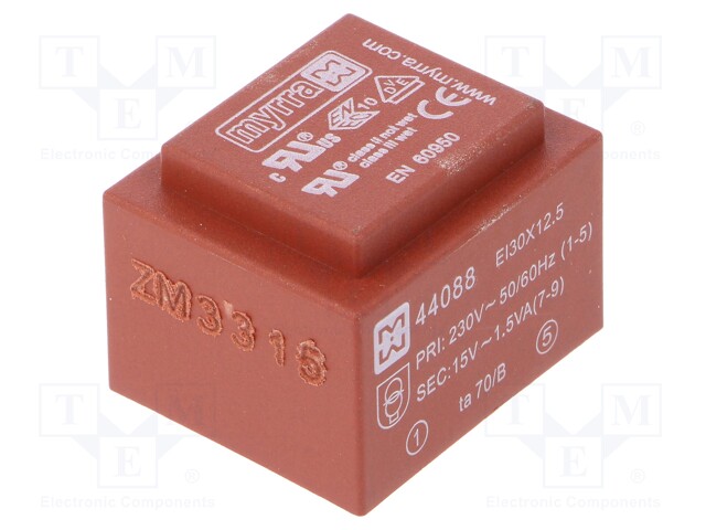 Transformer: encapsulated; 1.5VA; 230VAC; 15V; 100mA; Mounting: PCB